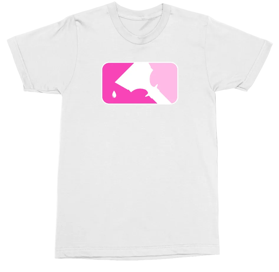 A white short-sleeve crewneck t-shirt featuring a rectangular graphic on the chest with pink and white abstract shapes.