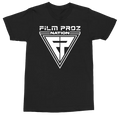 A black short-sleeve crewneck t-shirt featuring a white graphic print on the front that reads 'FILM PROZ NATION' above a large triangular emblem with a stylized cross, shown on a plain white background.