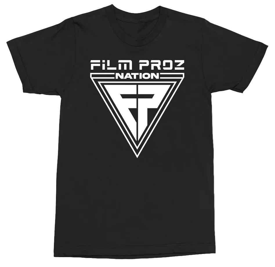 A black short-sleeve crewneck t-shirt featuring a white graphic print on the front that reads 'FILM PROZ NATION' above a large triangular emblem with a stylized cross, shown on a plain white background.