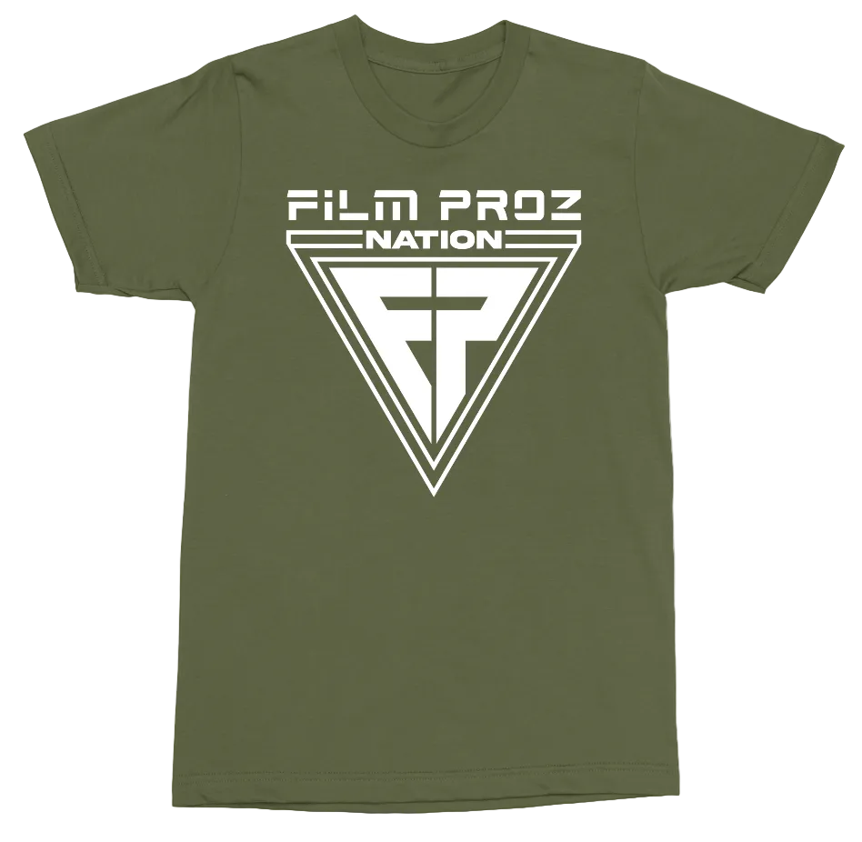 An olive green crewneck t-shirt featuring a white graphic print on the front that reads 'FILM PROZ NATION' above a large triangular emblem with a stylized 'FP' monogram.