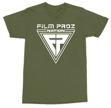 Load image into Gallery viewer, An olive green crewneck t-shirt featuring a white graphic print on the front that reads 'FILM PROZ NATION' above a large triangular emblem with a stylized 'FP' monogram.

