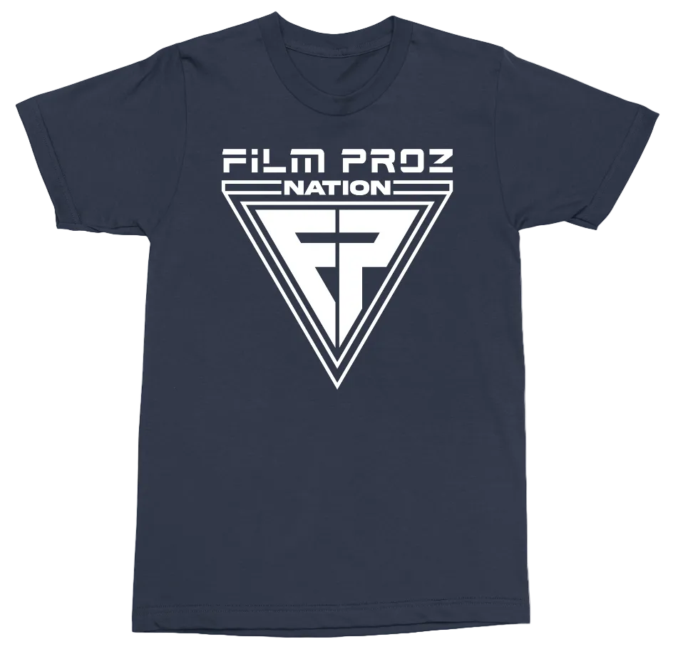A navy blue short-sleeve t-shirt with a white graphic print on the front reading 'FILM PROZ NATION' above a large triangular emblem, shown on a plain white background.