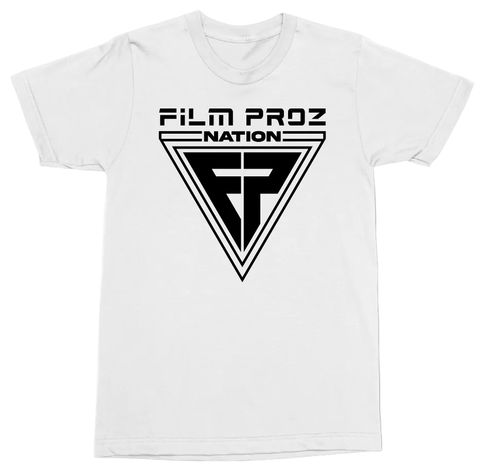 A white short-sleeve crewneck t-shirt featuring a black graphic print on the front with the text 'FILM PROZ NATION' above a large triangular emblem with stylized 'FP' letters.