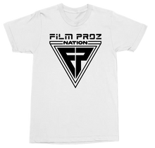 Load image into Gallery viewer, A white short-sleeve crewneck t-shirt featuring a black graphic print on the front with the text 'FILM PROZ NATION' above a large triangular emblem with stylized 'FP' letters.

