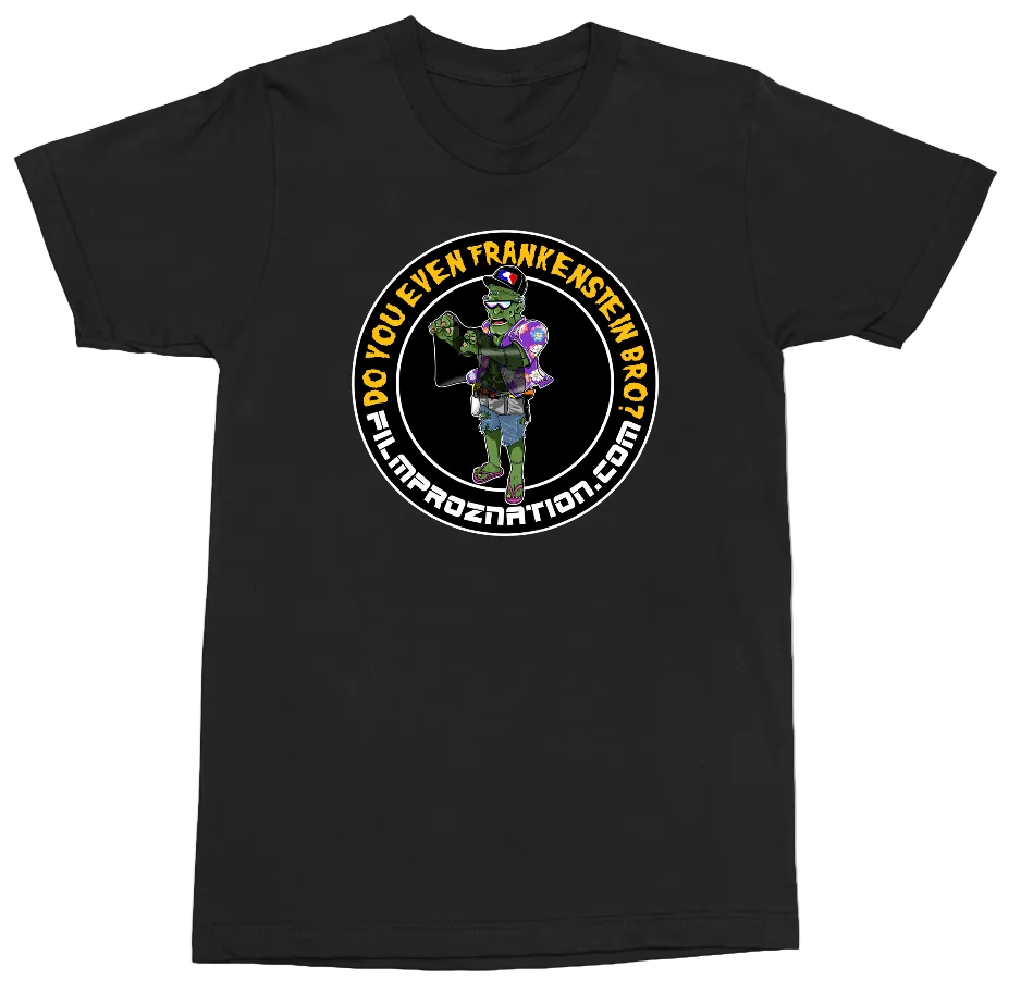 A black short-sleeve crewneck t-shirt featuring a circular graphic on the chest. The graphic displays a cartoon character resembling a green ninja turtle wearing a black tactical vest and holding a rifle, surrounded by the text 'DO YOU EVEN TRANKER-KINETE ARROGANT?' and 'FILIMPROSENATION.