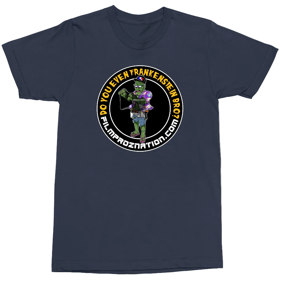 A navy blue short-sleeve crewneck t-shirt featuring a circular graphic print on the chest. The graphic shows a cartoon character resembling a green ninja turtle wearing a black tactical vest and holding a rifle, surrounded by the text 'DO YOU EVEN TRANKERASTHEWORTH1000' and 'FILIMPROZATION.