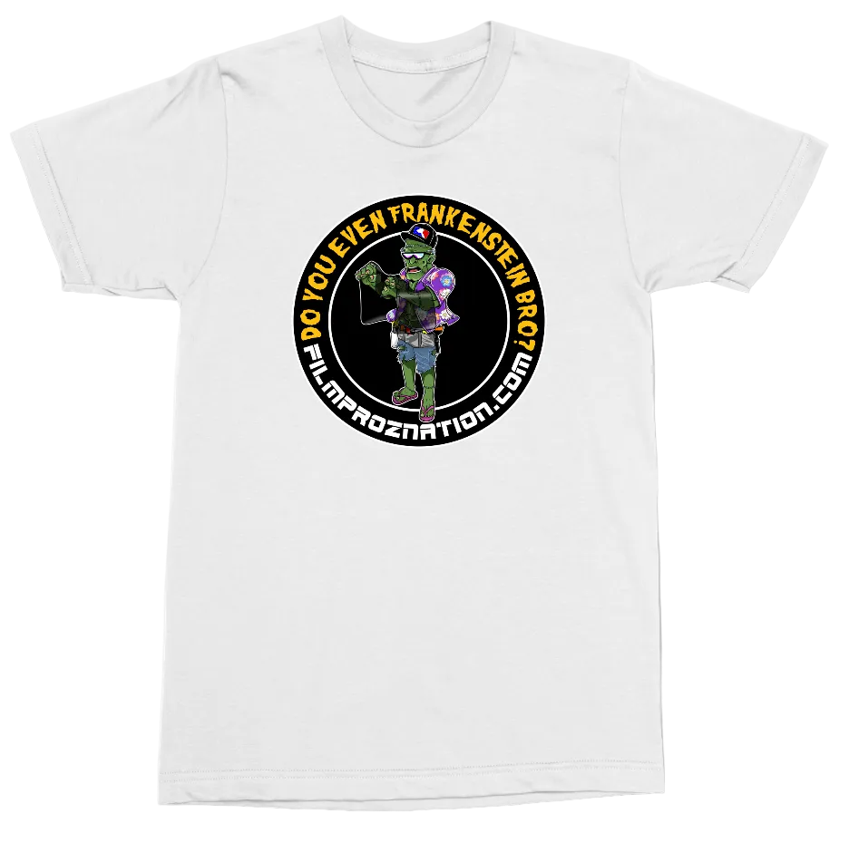 A white short-sleeve crewneck t-shirt featuring a circular graphic on the chest. The graphic shows a green cartoon character wearing a black and gold helmet, holding a rifle, with the text 'DO YOU EVEN TRANKESTEEN ARMY' and 'ILMPROZNATION.