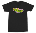 A black short-sleeve crewneck t-shirt featuring a colorful graphic on the chest that reads 'Beach Hunter' in a stylized neon green and pink graffiti font, displayed on a clean white background.