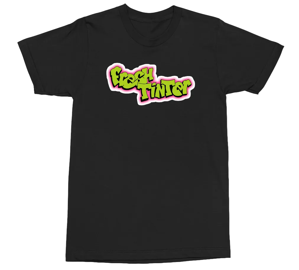 A black short-sleeve crewneck t-shirt featuring a colorful graphic on the chest that reads 'Beach Hunter' in a stylized neon green and pink graffiti font, displayed on a clean white background.