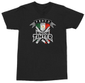 A black short-sleeve crewneck t-shirt featuring a graphic on the chest that reads 'PROUD WINDOW TINTER' with a Mexican flag motif and crossed window tint spray guns.
