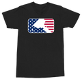 A black short-sleeve crewneck t-shirt featuring a rectangular graphic on the chest with a stylized American flag design in blue, white, and red.
