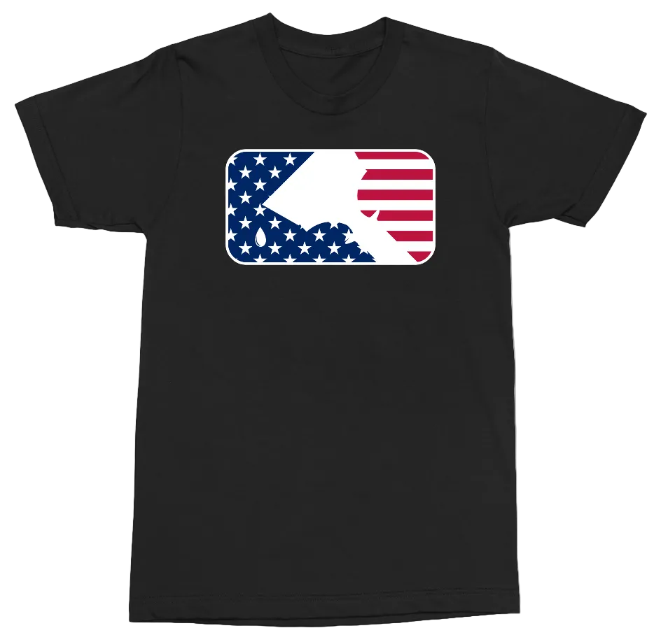 A black short-sleeve crewneck t-shirt featuring a rectangular graphic on the chest with a stylized American flag design in blue, white, and red.
