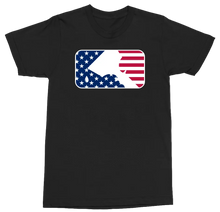 Load image into Gallery viewer, A black short-sleeve crewneck t-shirt featuring a rectangular graphic on the chest with a stylized American flag design in blue, white, and red.
