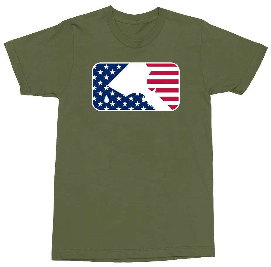 An olive green short-sleeve crewneck t-shirt featuring a rectangular graphic on the chest with a stylized American flag design in red, white, and blue.