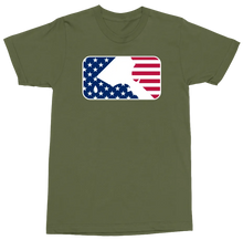 Load image into Gallery viewer, An olive green short-sleeve crewneck t-shirt featuring a rectangular graphic on the chest with a stylized American flag design in red, white, and blue.
