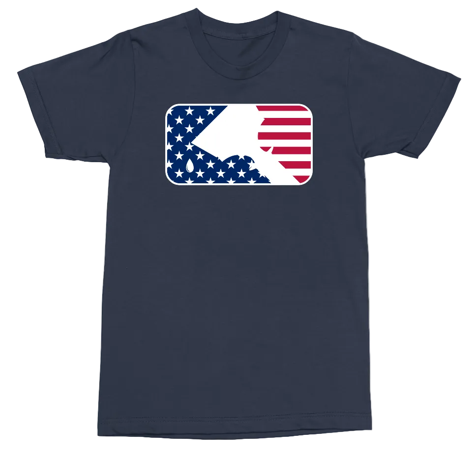 A navy blue short-sleeve crewneck t-shirt featuring a rectangular chest graphic with a rounded border. The graphic is split diagonally into a blue field with white stars on the left and red and white stripes on the right, with a white silhouette of New York State overlaid.
