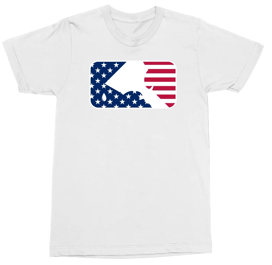 A white short-sleeve crewneck t-shirt featuring a rectangular graphic on the chest with a stylized American flag design in red, white, and blue.