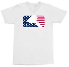 Load image into Gallery viewer, A white short-sleeve crewneck t-shirt featuring a rectangular graphic on the chest with a stylized American flag design in red, white, and blue.
