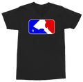 A black short-sleeve crewneck t-shirt featuring a custom graphic on the chest. The graphic is a rounded rectangular logo styled like the MLB logo, but with a blue water droplet on the left side and a red silhouette of a bearded figure on the right side, separated by a white diagonal bar.