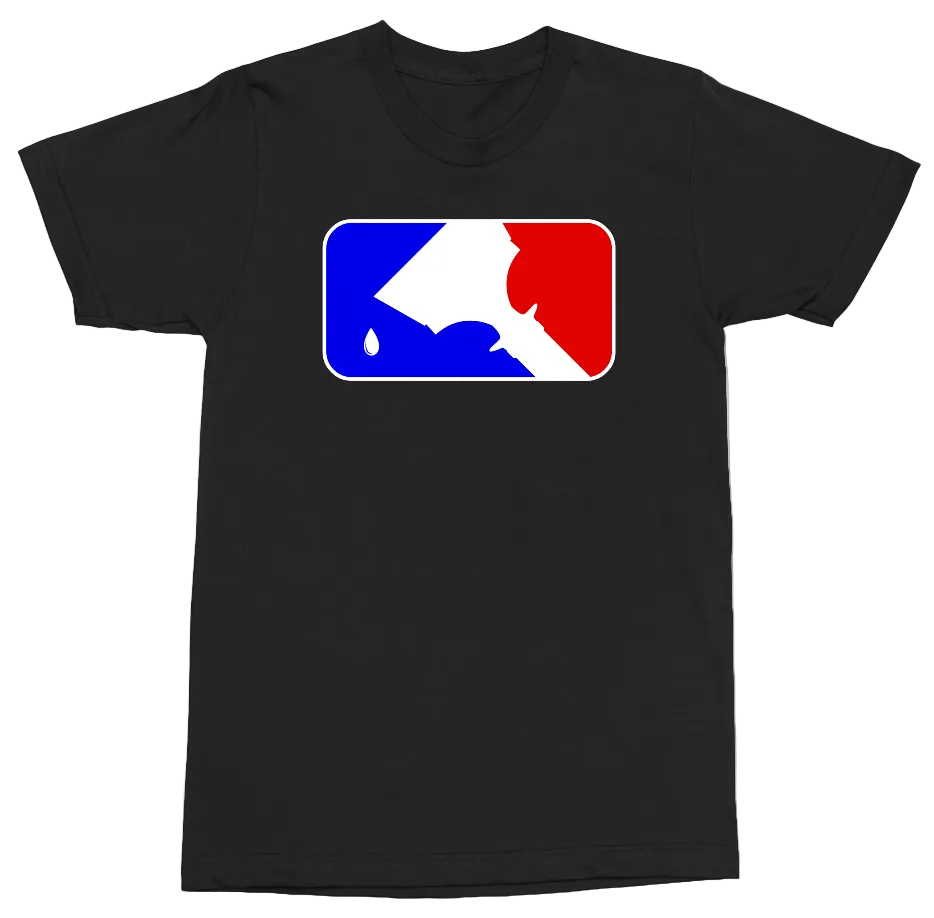 A black short-sleeve crewneck t-shirt featuring a custom graphic on the chest. The graphic is a rounded rectangular logo styled like the MLB logo, but with a blue water droplet on the left side and a red silhouette of a bearded figure on the right side, separated by a white diagonal bar.