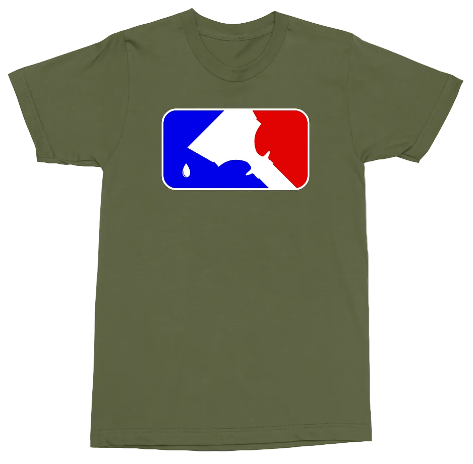 An olive green short-sleeve crewneck t-shirt featuring a custom graphic on the chest. The graphic is a rectangular box with rounded corners, containing a stylized baseball player silhouette split diagonally into blue on the left and red on the right, with a small white teardrop detail at the bottom left corner.