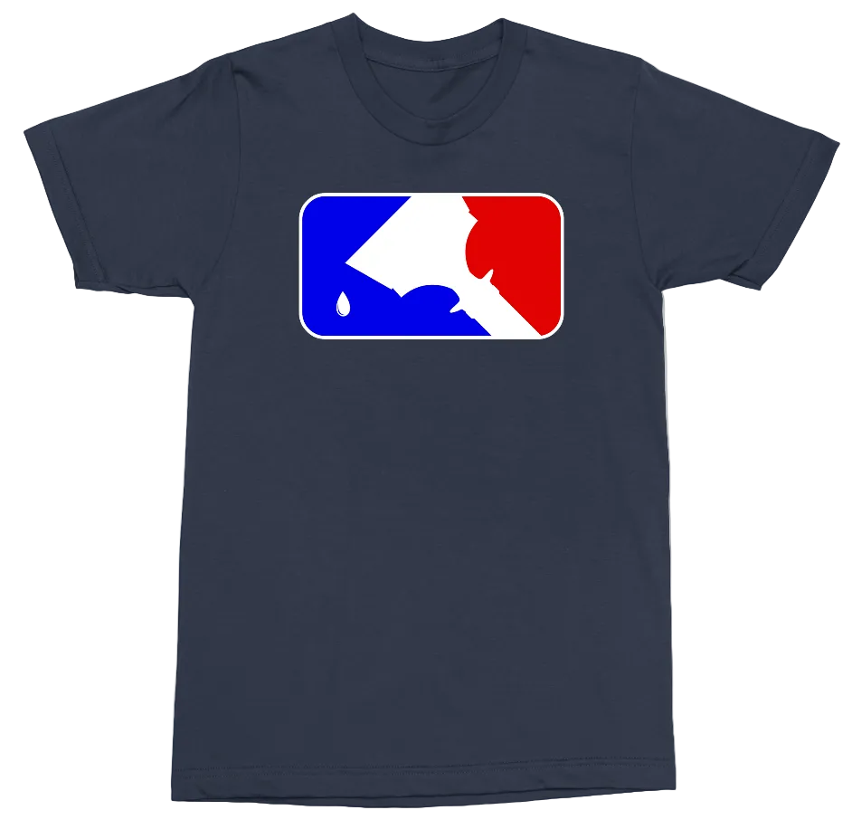 A navy blue short-sleeve crewneck t-shirt featuring a custom graphic on the chest. The graphic is a rounded rectangle containing the classic MLB logo colors (blue, white, and red) but with a small dripping water droplet in the bottom-left corner of the blue section, symbolizing a 'wet' or 'drippy' version of the league logo.