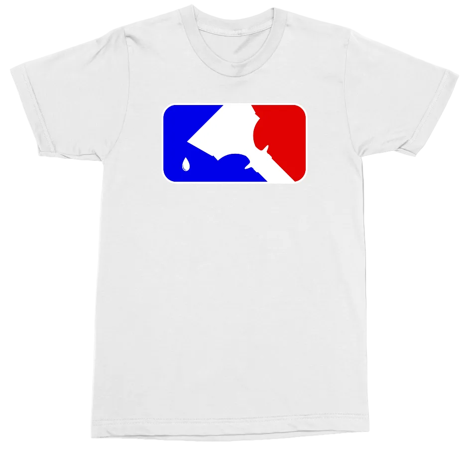 A white short-sleeve crewneck t-shirt featuring a graphic print of the MLB logo in a French tricolor design of blue, white, and red on the chest.