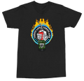 A black short-sleeve crewneck t-shirt featuring a circular graphic on the chest. The graphic shows a green and red energy drink can with a lit match, surrounded by blue flames and the words 'TORCHLIFE TORCH IIFE', with a skull and crossbones motif in the center.