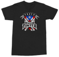 A black short-sleeve crewneck t-shirt featuring a graphic on the chest that reads 'PROUD WINDOW TINTER' with a stylized American flag and window tint bars design.
