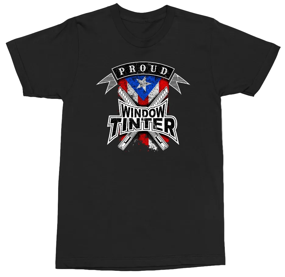 A black short-sleeve crewneck t-shirt featuring a graphic on the chest that reads 'PROUD WINDOW TINTER' with a stylized American flag and window tint bars design.