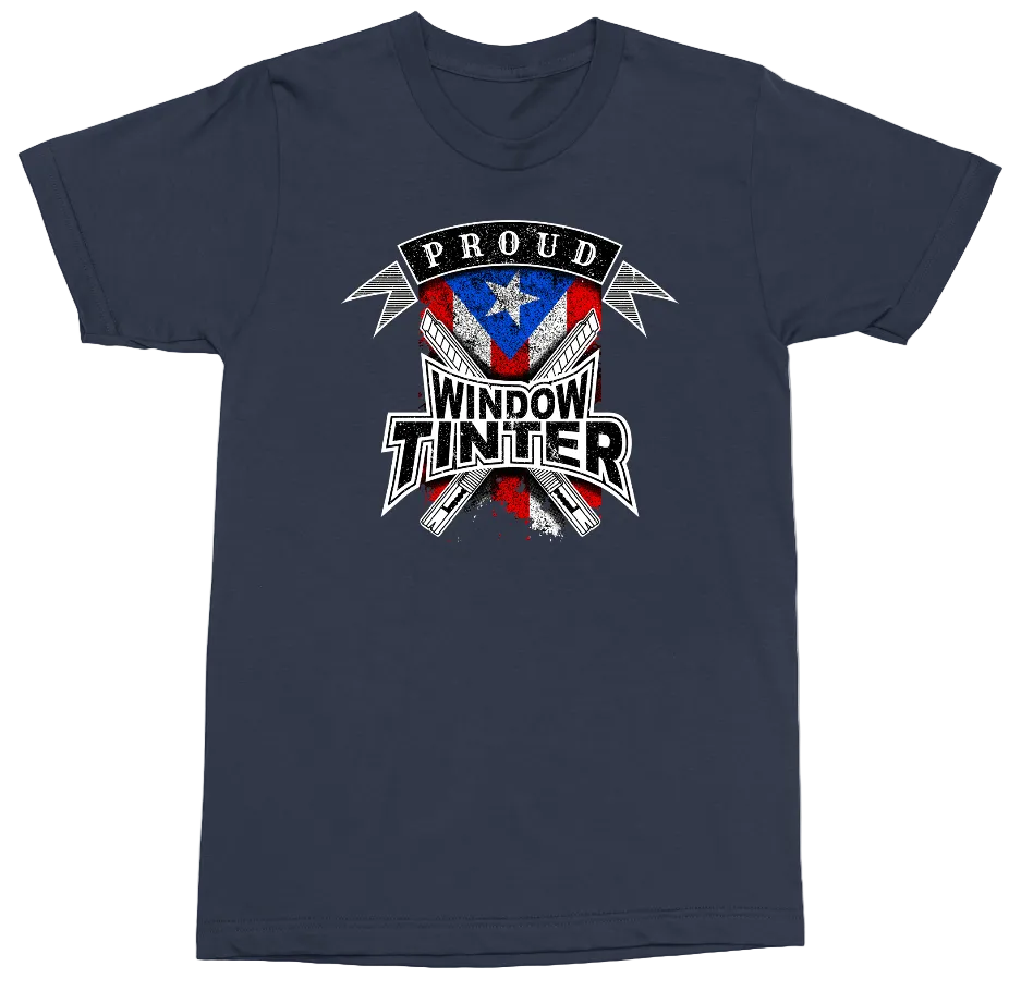 A navy blue short-sleeve crewneck t-shirt featuring a distressed graphic on the chest that reads 'PROUD WINDOW TINTER' with a shield design in red, white, and blue.
