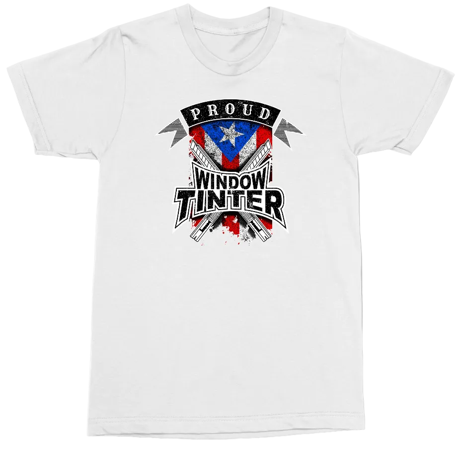 A white short-sleeve crewneck t-shirt featuring a 'Proud Window Tinters' graphic on the chest with a red, white, and blue flag design, wings, and tools.