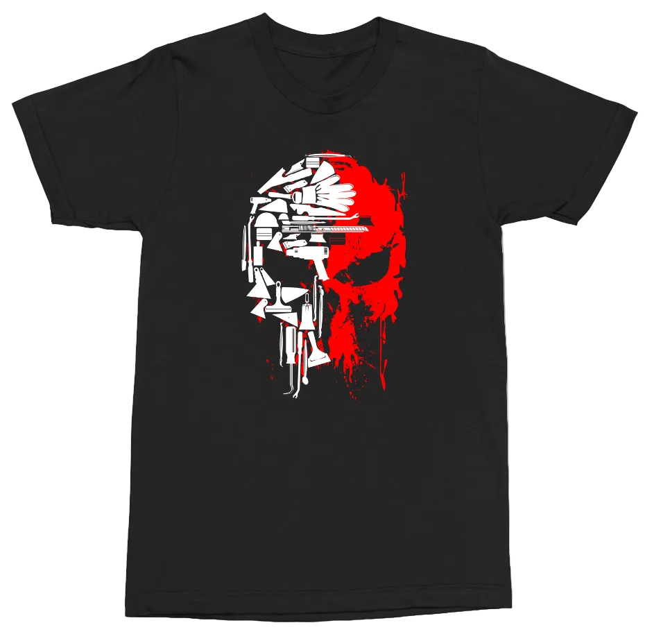 A black short-sleeve crewneck t-shirt featuring a graphic print of a skull in white and red, with a handgun embedded in the forehead, displayed on a clean white background.