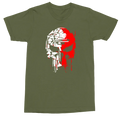An olive green short-sleeve crewneck t-shirt featuring a stylized graphic of a skull made from stacked books in white and red, with red paint drips, displayed on a clean white background.