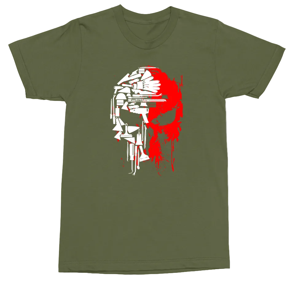 An olive green short-sleeve crewneck t-shirt featuring a stylized graphic of a skull made from stacked books in white and red, with red paint drips, displayed on a clean white background.