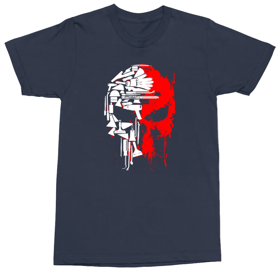 A navy blue short-sleeve crewneck t-shirt featuring a stylized skull graphic on the chest. The skull is constructed from white rifle silhouettes and is heavily overlaid with a vibrant red paint splatter effect.