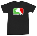 A black short-sleeve crewneck t-shirt featuring a graphic on the chest with the text 'PURO PINCHE TINT LIFE' and a stylized paintbrush logo in green, white, and red, set against a plain white background.