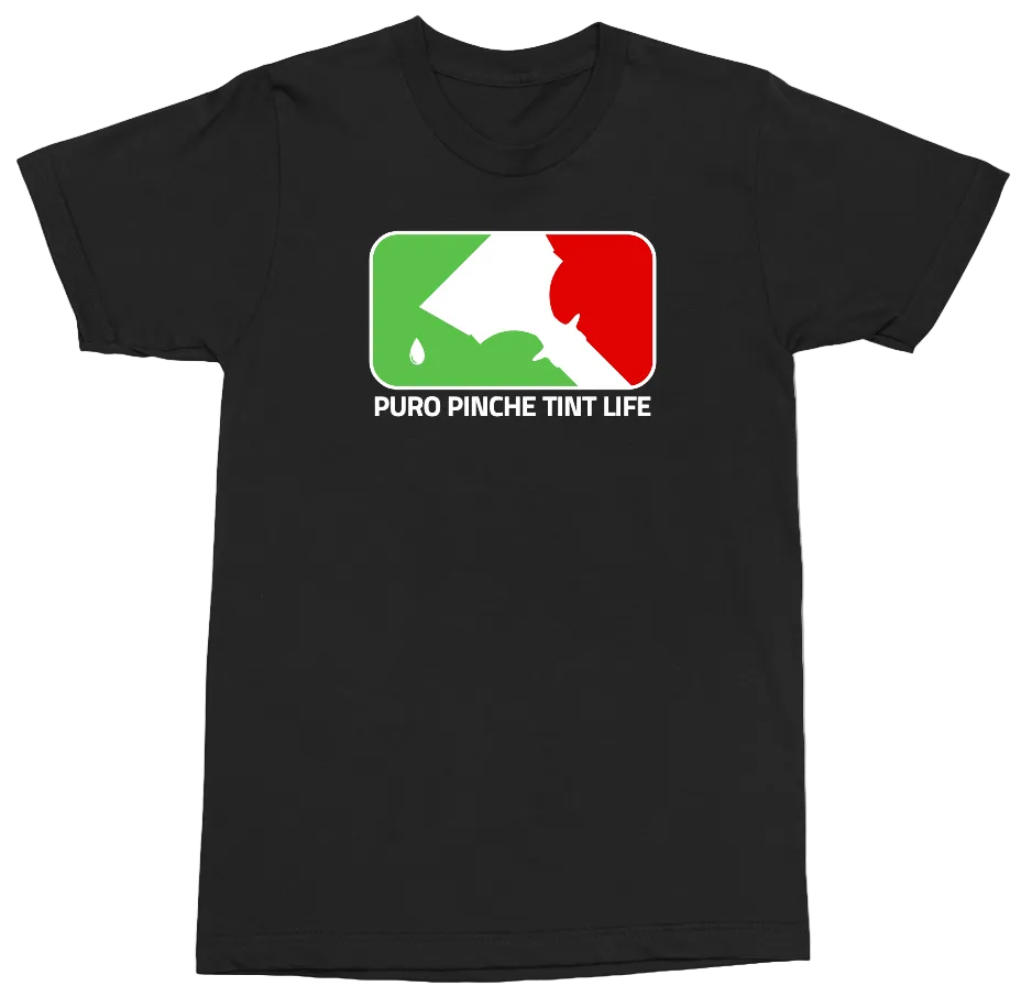 A black short-sleeve crewneck t-shirt featuring a graphic on the chest with the text 'PURO PINCHE TINT LIFE' and a stylized paintbrush logo in green, white, and red, set against a plain white background.