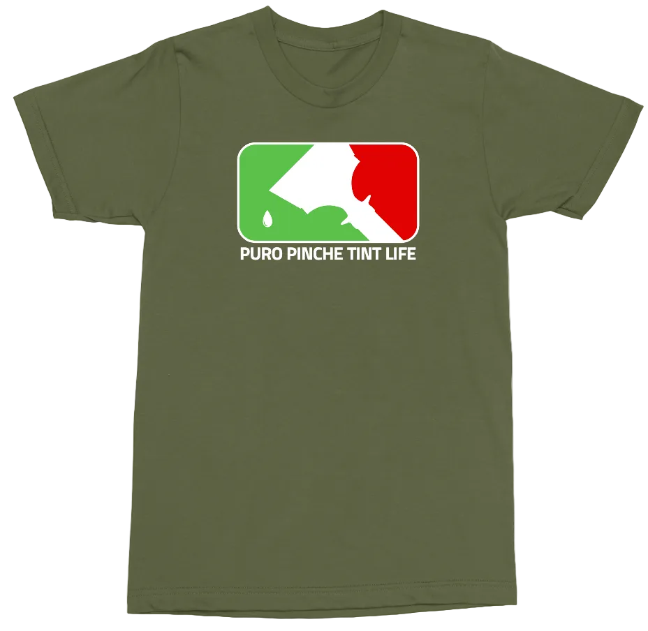 An olive green short-sleeve crewneck t-shirt featuring a graphic on the chest with a green, white, and red paintbrush stroke design and the text 'PURO PINCHE TINT LIFE' underneath.