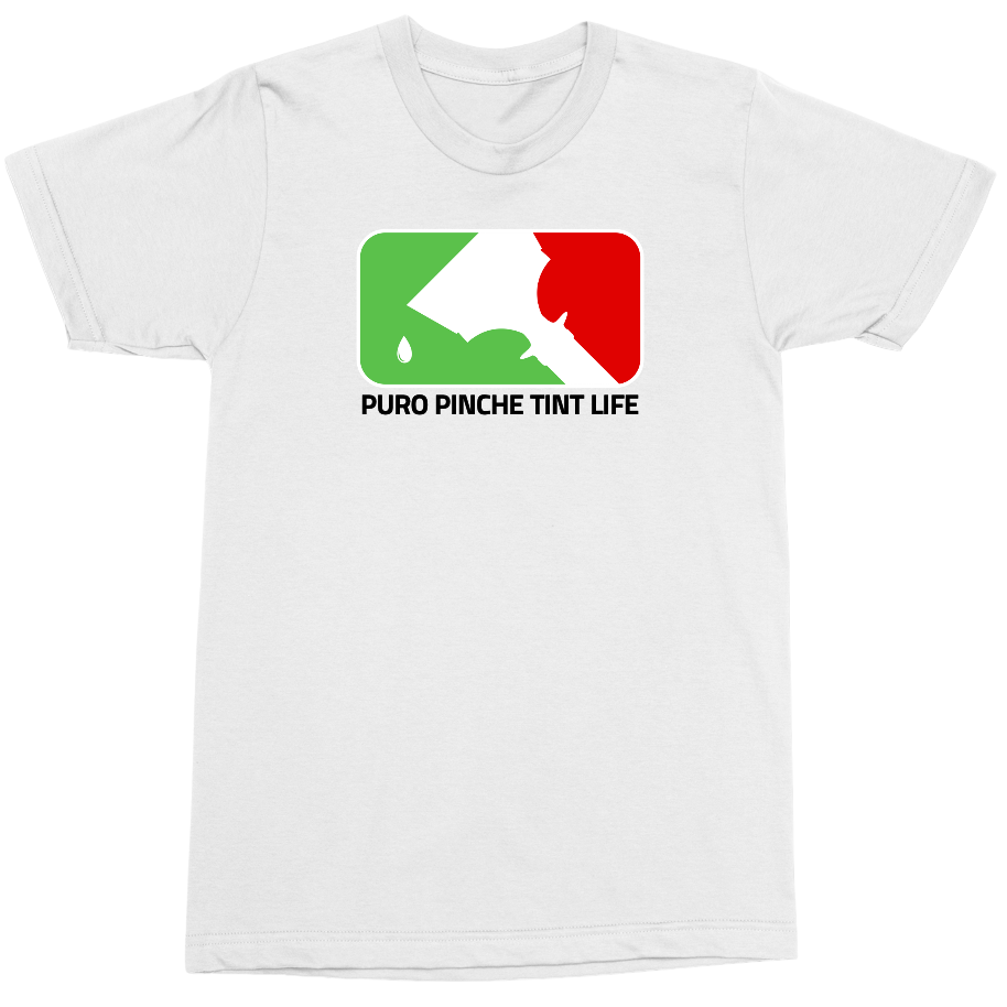 A white short-sleeve crewneck t-shirt featuring a graphic of the Italian flag inside a rounded rectangle, with a silhouette of a hand holding a tint mirror and the text 'PURO PINCHE TINT LIFE' printed below.