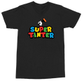 A black short-sleeve crewneck t-shirt featuring a colorful graphic on the chest. The graphic displays a white cartoon hand holding a paintbrush above the text 'SUPER TINTER' in bold, multi-colored block letters (red, yellow, green, blue, orange) with black drop shadows.