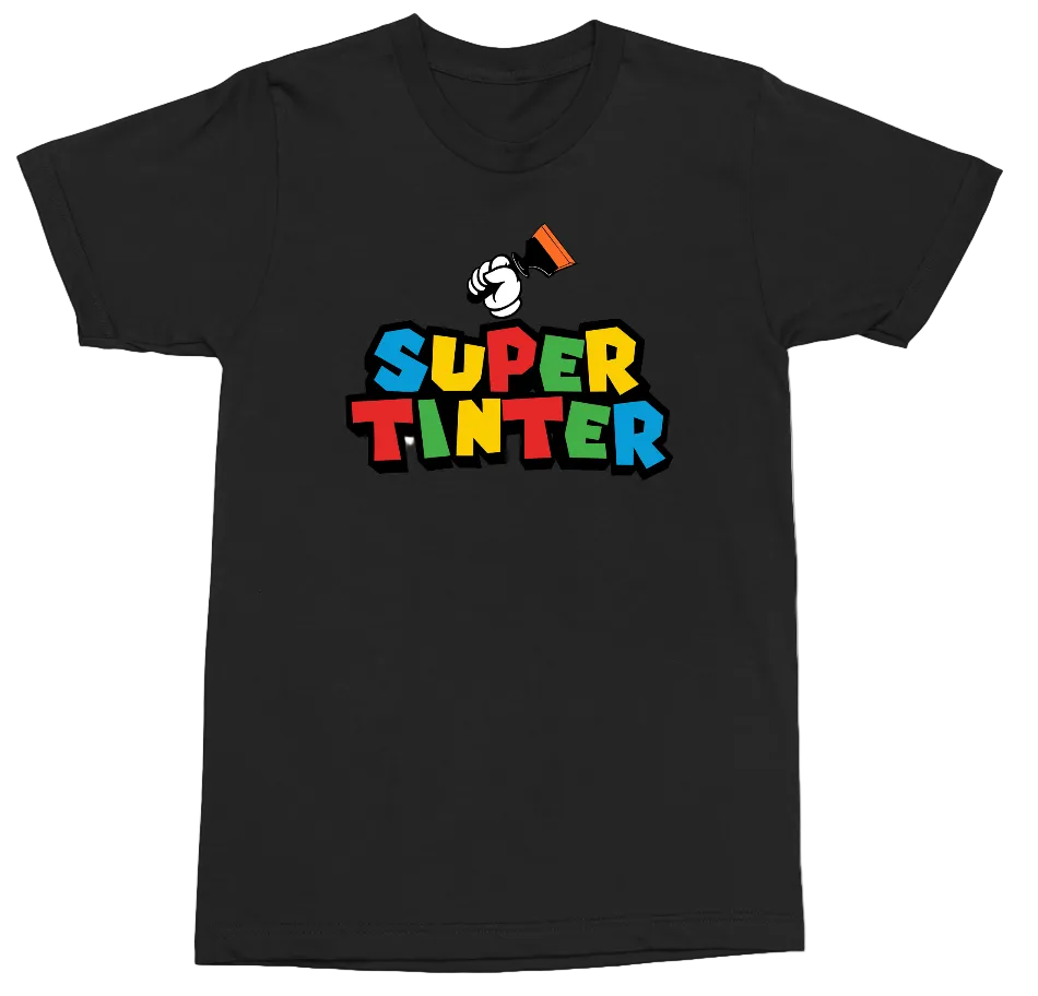 A black short-sleeve crewneck t-shirt featuring a colorful graphic on the chest. The graphic displays a white cartoon hand holding a paintbrush above the text 'SUPER TINTER' in bold, multi-colored block letters (red, yellow, green, blue, orange) with black drop shadows.