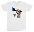 A white short-sleeve crewneck t-shirt featuring a graphic of a raised fist holding a film camera, with the text 'FILM PROZ' and a triangular logo printed below it.