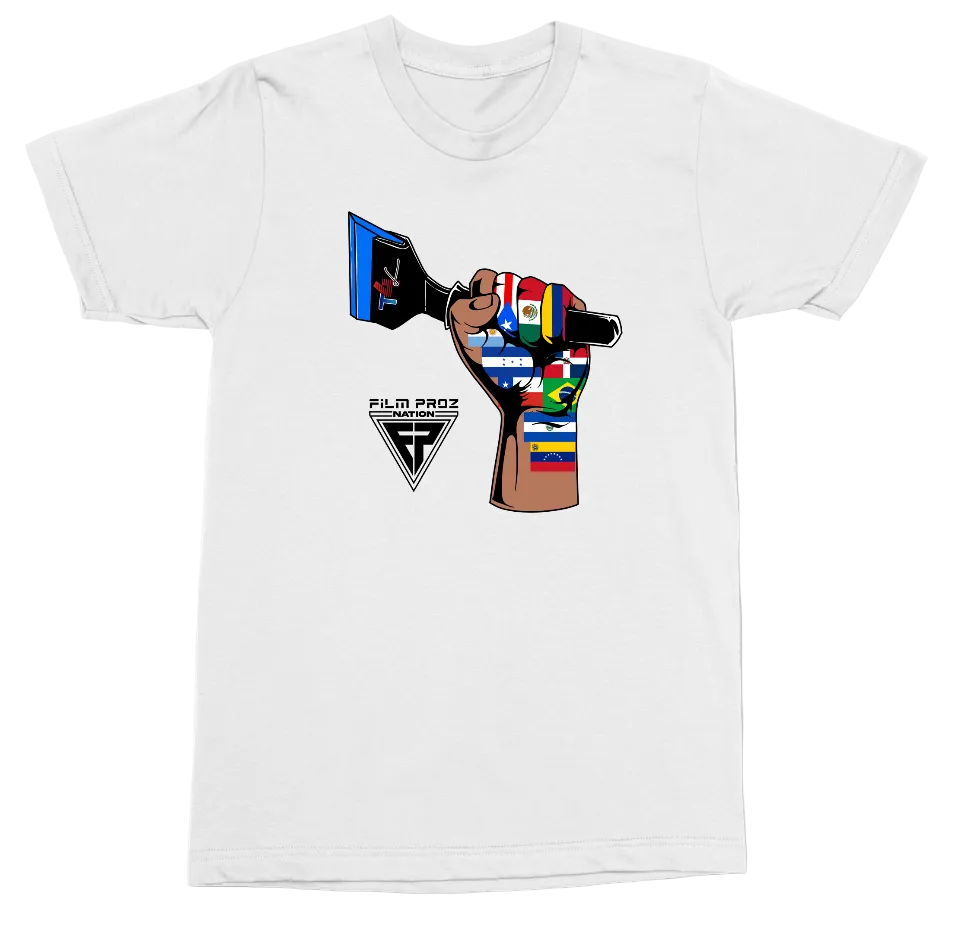 A white short-sleeve crewneck t-shirt featuring a graphic of a raised fist holding a film camera, with the text 'FILM PROZ' and a triangular logo printed below it.