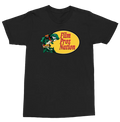 A black short-sleeve crewneck t-shirt featuring a graphic on the chest with a yellow oval containing the red text 'Film Proz Nation' next to a cartoon character.
