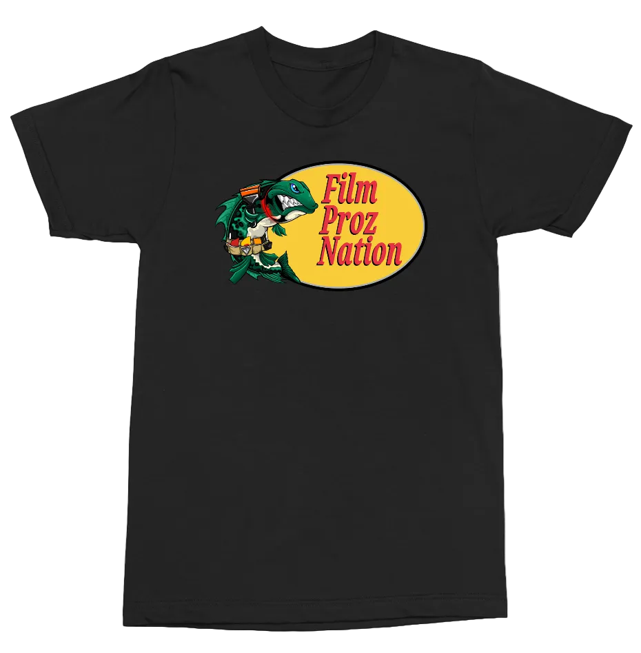 A black short-sleeve crewneck t-shirt featuring a graphic on the chest with a yellow oval containing the red text 'Film Proz Nation' next to a cartoon character.