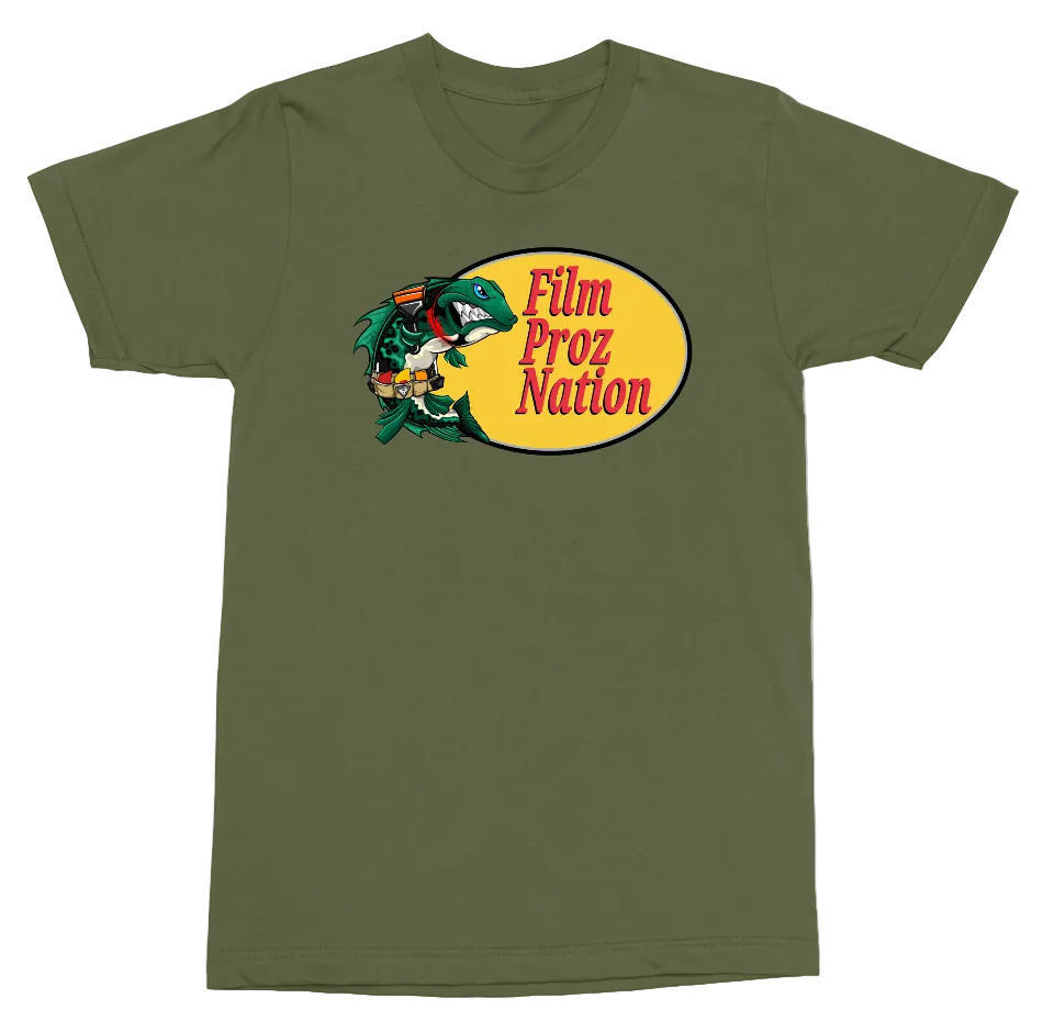 An olive green short-sleeve t-shirt with a graphic on the chest. The graphic features a yellow oval containing the red text 'Film Proz Nation' alongside a green cartoon fish character, all on a plain white background.