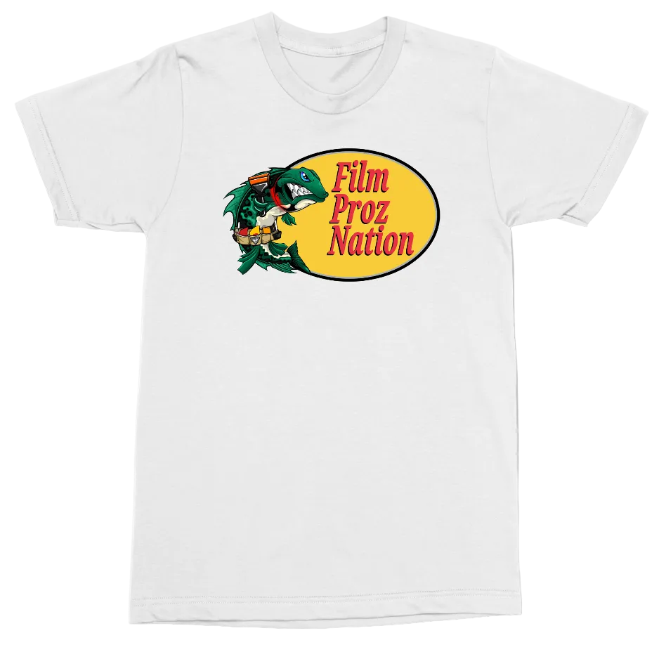 A white short-sleeve crewneck t-shirt featuring a graphic print on the chest. The graphic shows a green cartoon dinosaur wearing a red and black cap, positioned next to a yellow oval with the red text 'Film Proz Nation'.