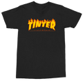 A black short-sleeve crewneck t-shirt featuring a prominent orange and yellow flame-style graphic on the chest that reads 'TINTER' with 'LIFESTYLE' underneath.