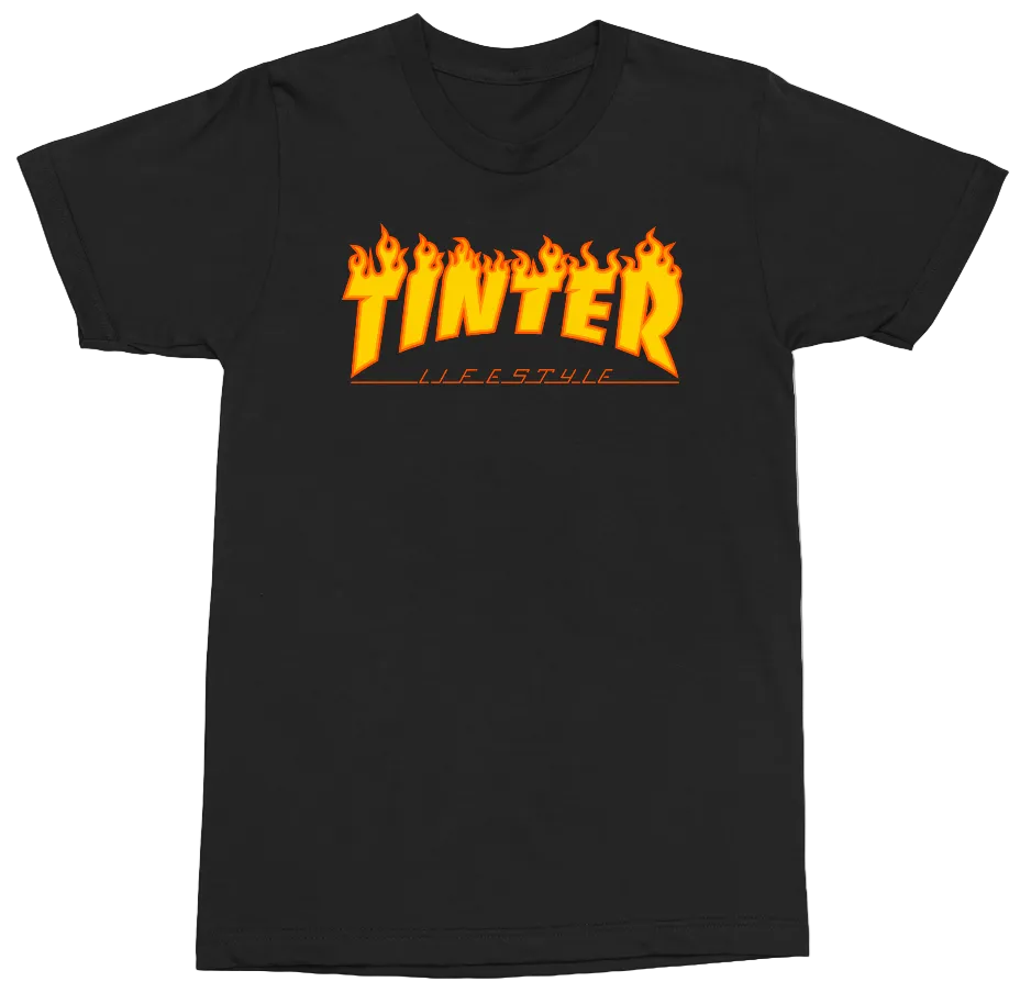 A black short-sleeve crewneck t-shirt featuring a prominent orange and yellow flame-style graphic on the chest that reads 'TINTER' with 'LIFESTYLE' underneath.